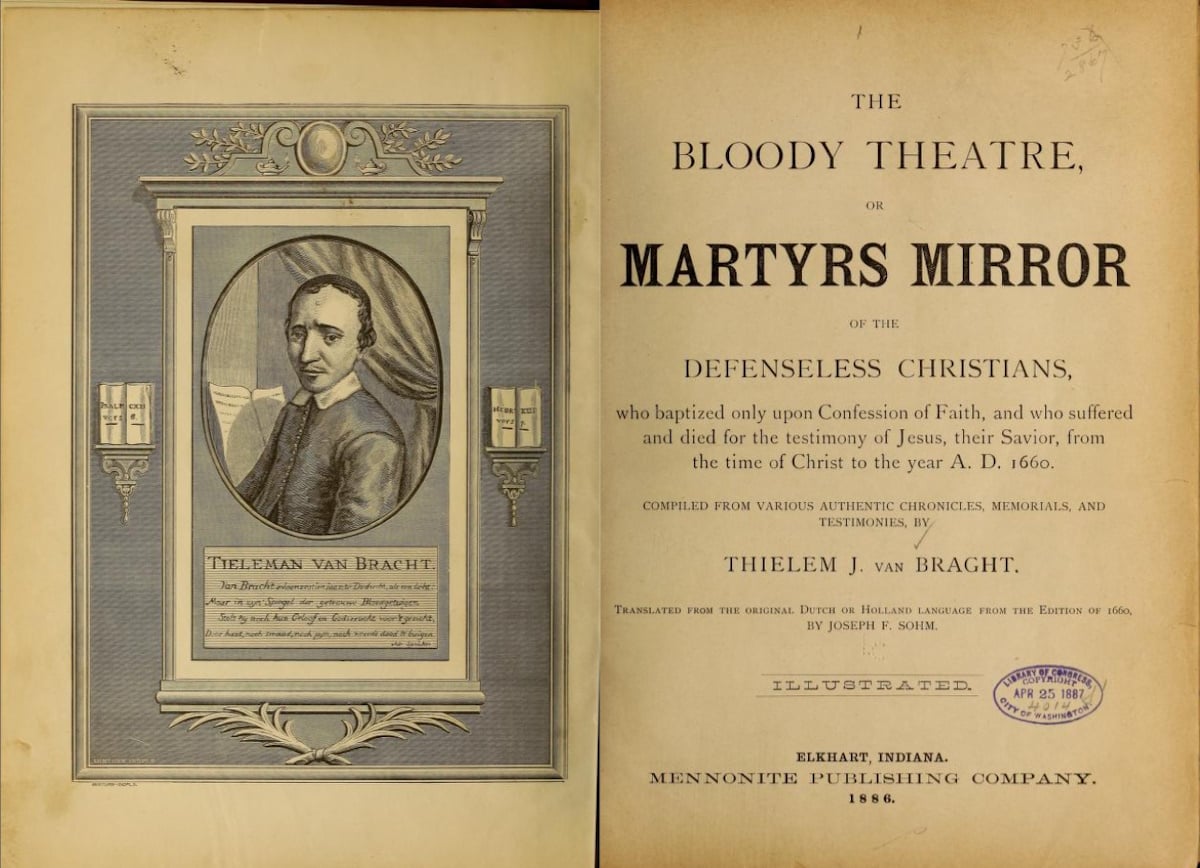 Title page and frontispiece portrait of Thieleman van Braght from the 1886 English edition of the Martyrs Mirror, published in Elkhart, Indiana
