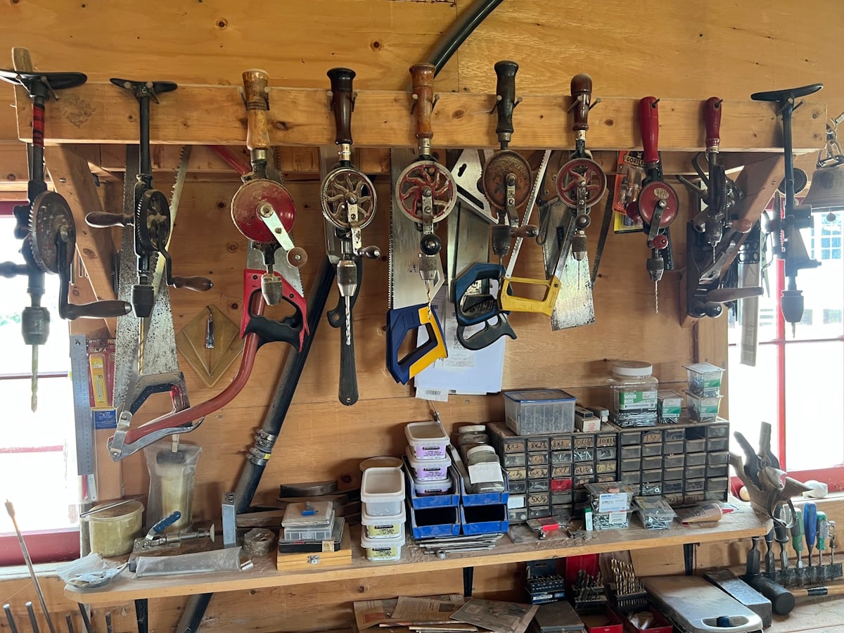 Hand tools organized inside an Amish woodworking shop on Prince Edward Island, Canada