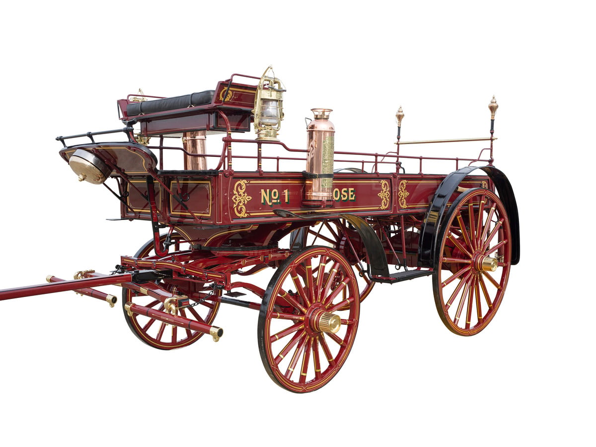 Fully restored maroon No. 1 Hose fire wagon with gold lettering and brass fittings