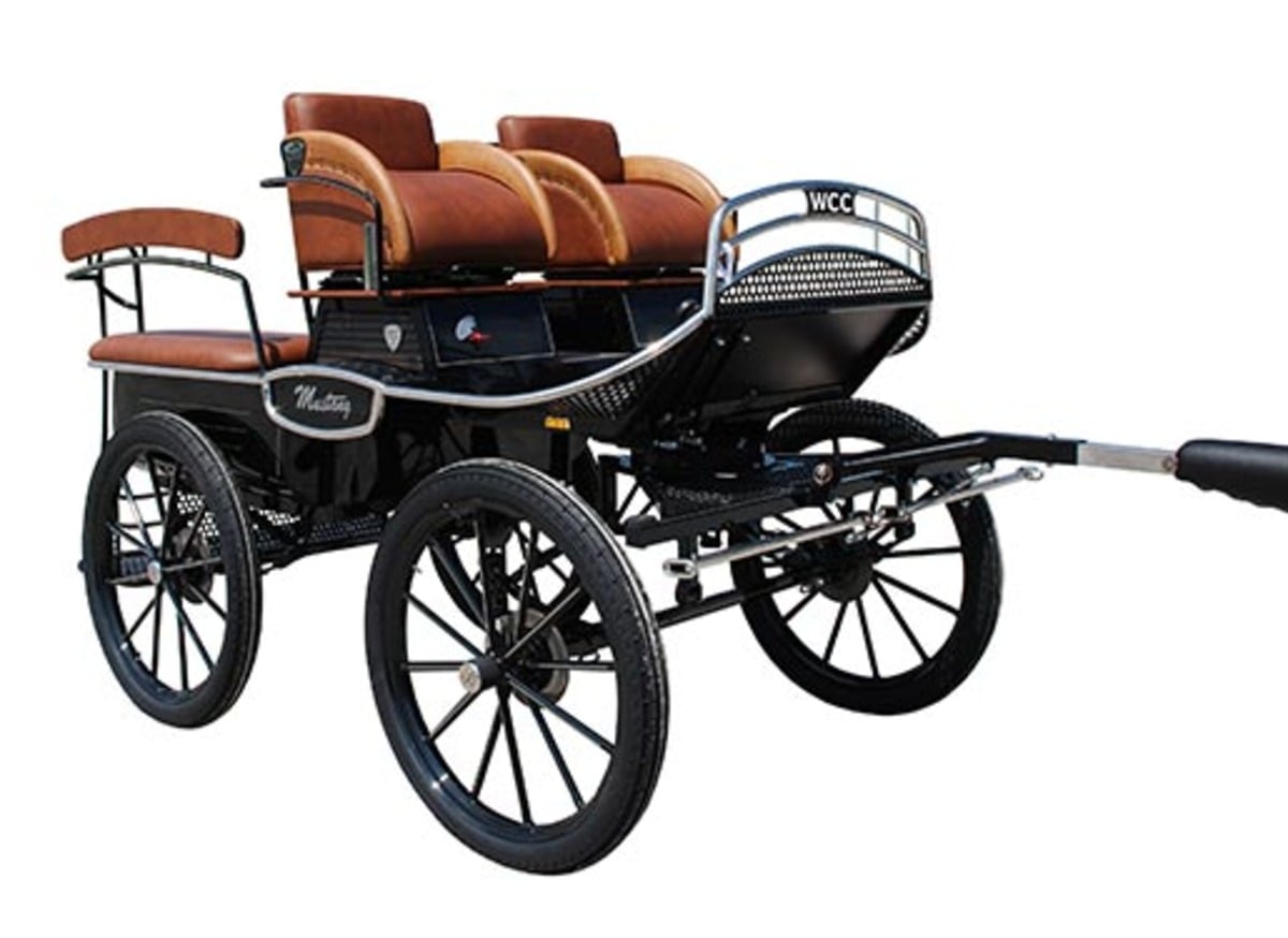 Black World Class Carriage with tan leather seating and spoked wheels