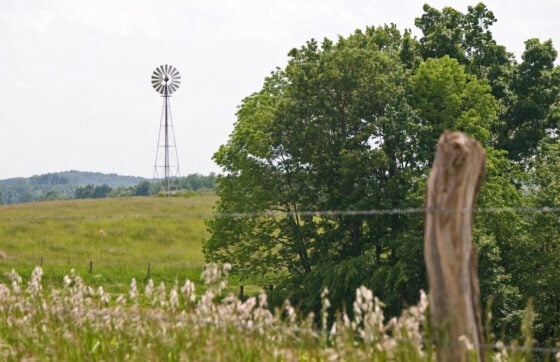 Rural scene with a metal windmill on a grassy hill, framed by a wooden fence post and tall grasses in the foreground.