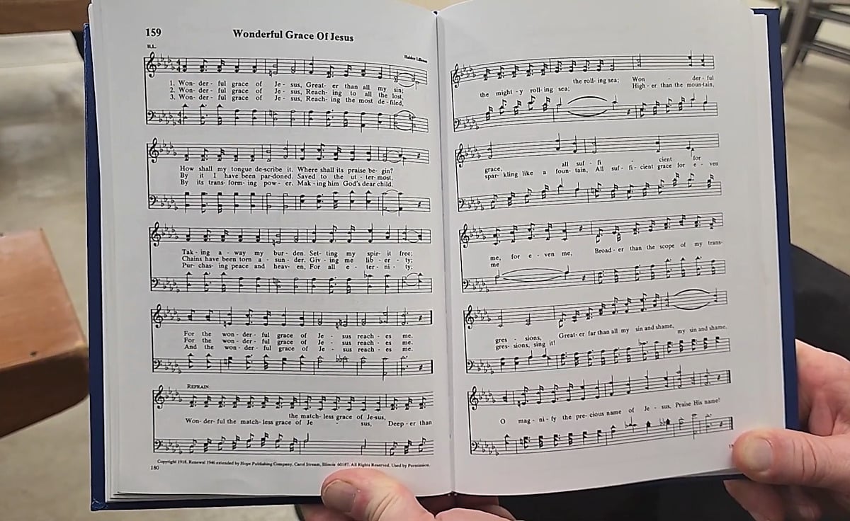 Hymnal page showing the sheet music for "Wonderful Grace of Jesus"