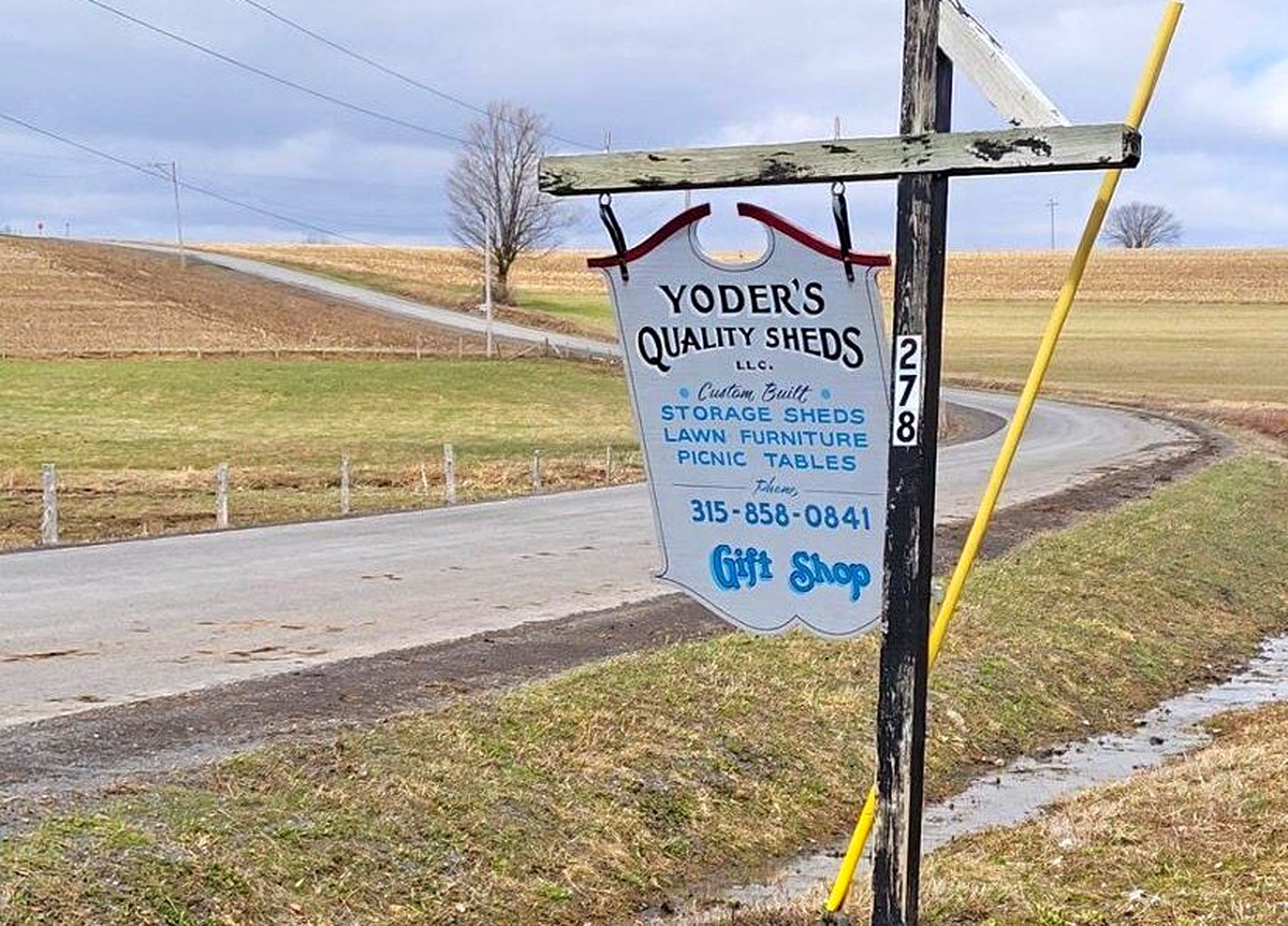 Sign for Yoder's Quality Sheds in Otsego County, New York